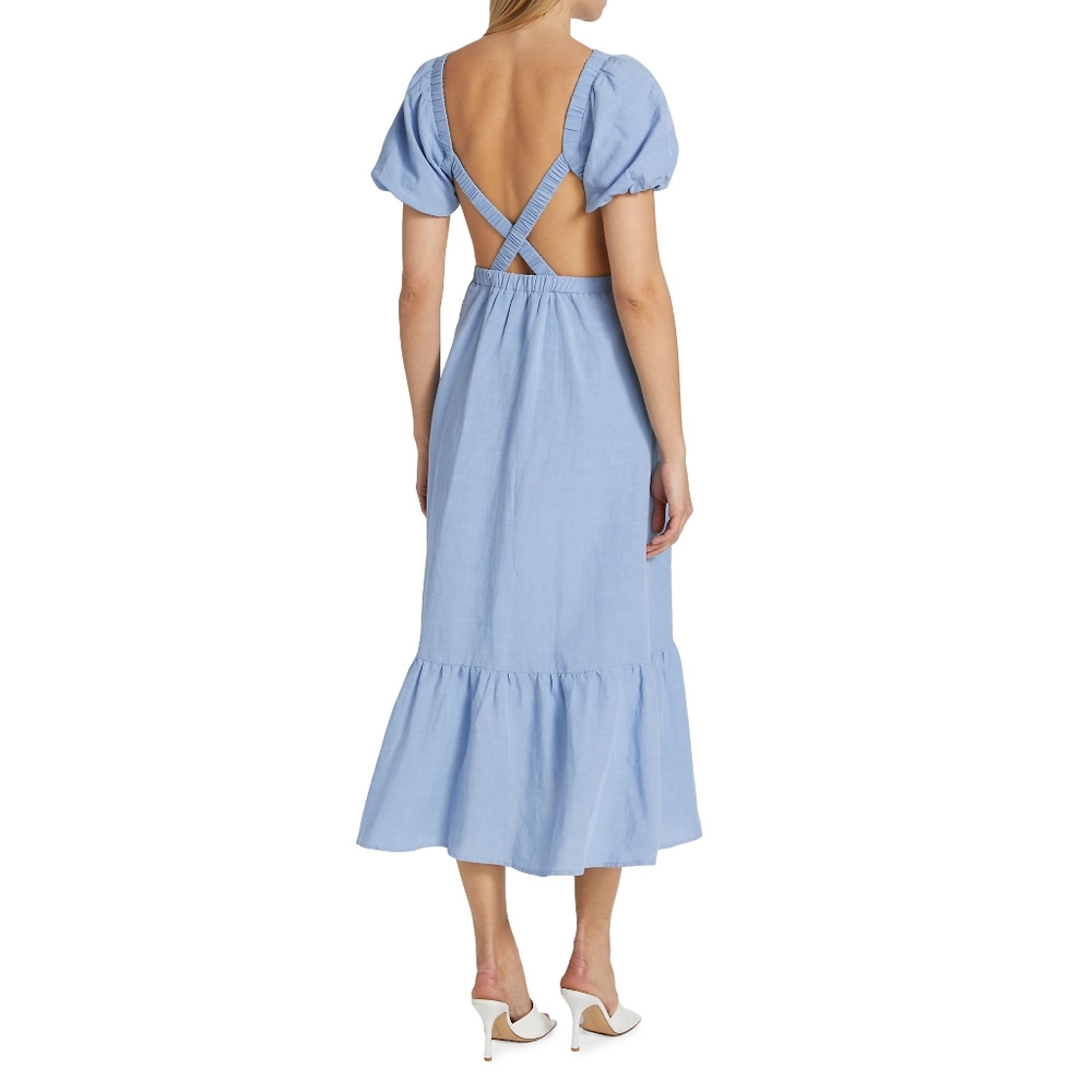 NEW ASTR the Label Light Blue Jelena Puff Sleeve Back Cutout Midi Dress XS - Picture 7 of 8